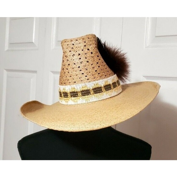HUSH PUPPIES Mens Western Straw Cowboy Hat Band Wide Brim Feathers Sz 6 3/4 EUC - Picture 3 of 6